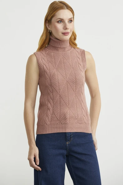 Tam Balıkçı Kolsuz Triko Kazak - Gül - Resim 4