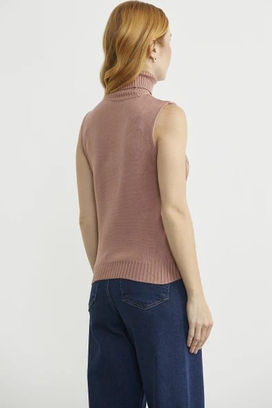 Tam Balıkçı Kolsuz Triko Kazak - Gül - Resim 5