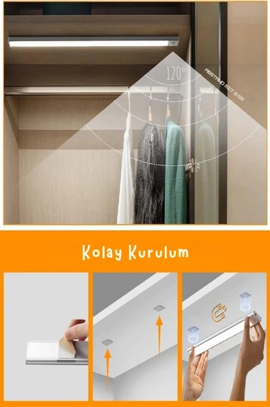 ShopyTech 50 cm Manyetik Şarjlı LED Dolap/Tezgâh Altı Lamba  Hareket Sensörlü 3 Renk Kısılabilir USB Type-C - Resim 7