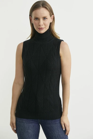 Tam Balıkçı Kolsuz Triko Kazak - Siyah - Resim 3