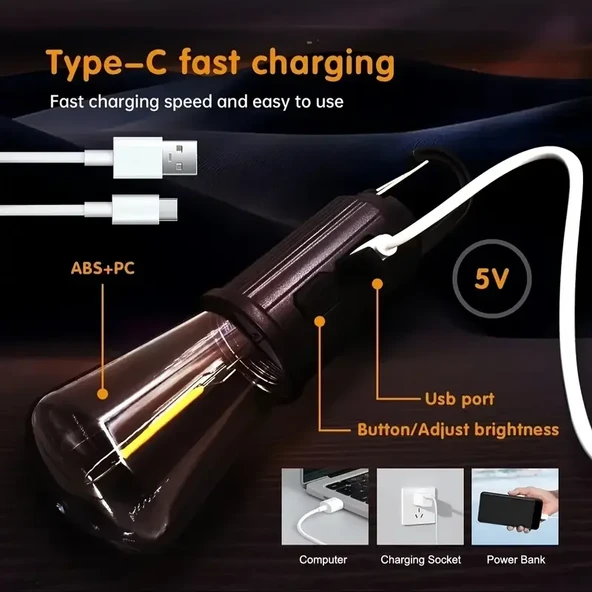 Rustik Taşınabilir Şarjlı Tasarruflu Ampul 10W Led Lamba Type-c Şarj Askılı Asma Aydınlatma T020 (5314) - 4