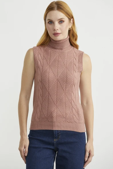 Tam Balıkçı Kolsuz Triko Kazak - Gül ürün görseli 1