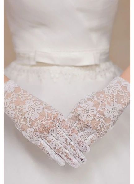 Beyaz Renk Kısa Dantelli Eldiven (5314)