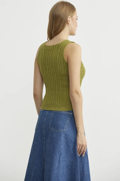 Saç Örgü Kare Yaka Triko Atlet - Yeşil - Resim 6