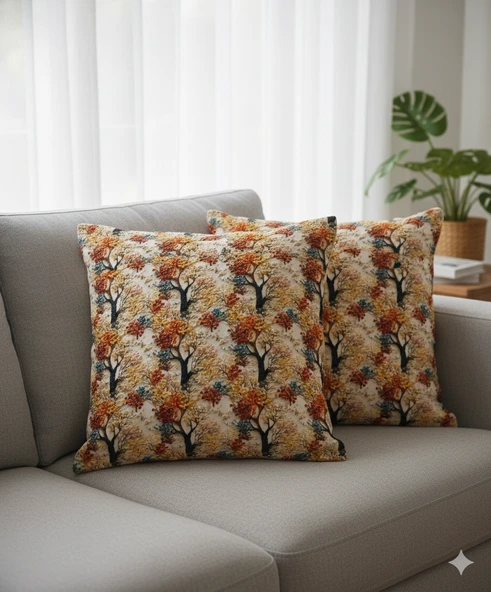 Sonbahar Ağaçları Desenli Dijital Baskılı 2'li Kırlent 40 cm x 40 cm ürün görseli