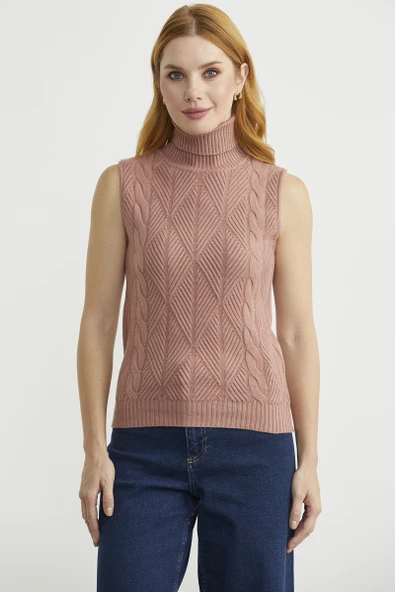 Tam Balıkçı Kolsuz Triko Kazak - Gül - Resim 3