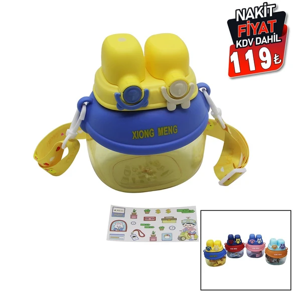 YÜZ MODELİ  - 2 KİLİTLİ KAPAK  RENKLİ MİKA KRİSTAL SULUK MATARA PİPETLİ - NAYLON ÇANTALI - ASKILI 1280ML (5314) - 2