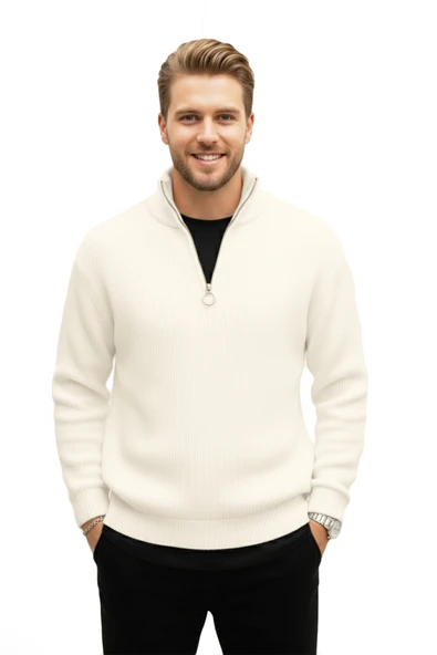 DeepSEA Erkek Yarım Fermuarlı Oversize Kesim Triko Kazak – %100 Pamuk, Yumuşak Dokulu Örgü Kazak 2608511 - Resim 5