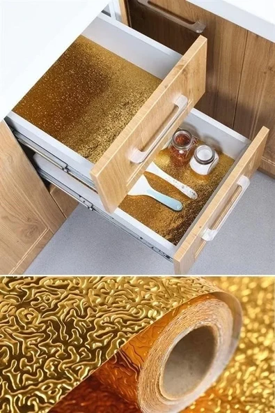 2 Metre Kendinden Yapışkanlı Silinebilir Mutfak Tezgah Üstü Sticker Folyo Gold Renk (5314) - 5
