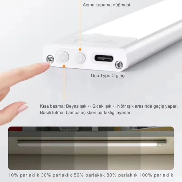 ShopyTech 50 cm Manyetik Şarjlı LED Dolap/Tezgâh Altı Lamba  Hareket Sensörlü 3 Renk Kısılabilir USB Type-C - Resim 2