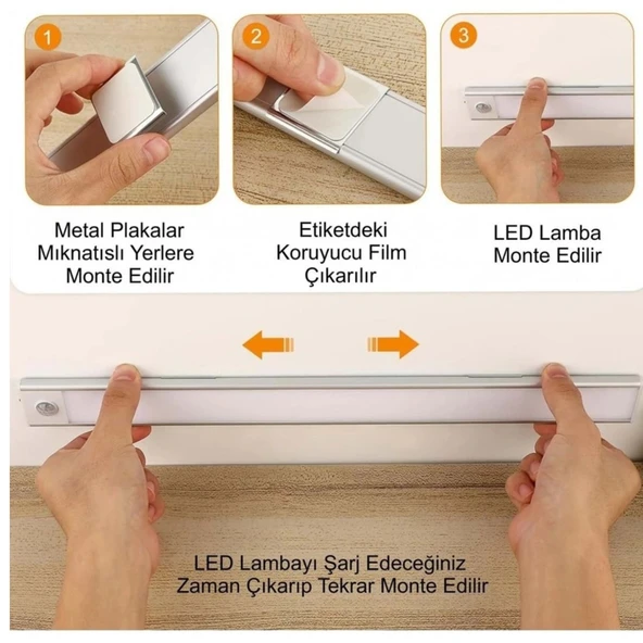 ShopyTech 50 cm Manyetik Şarjlı LED Dolap/Tezgâh Altı Lamba  Hareket Sensörlü 3 Renk Kısılabilir USB Type-C - Resim 8