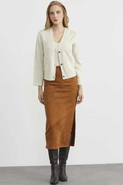 Triko Hırka Crop İkili Takım - Taş - 3