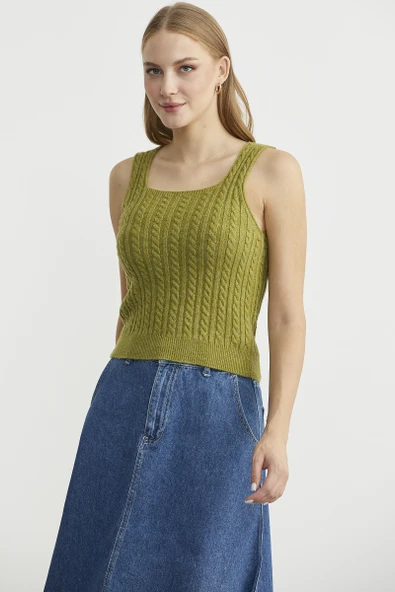 Saç Örgü Kare Yaka Triko Atlet - Yeşil - Resim 4