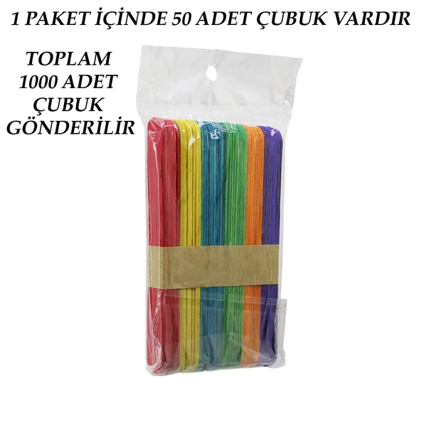 RENKLİ - 1000 ADET AHŞAP ELİŞİ - DİL ÇUBUK 15CM X 1.8CM (5314) - 2