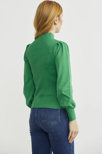 Dik Yaka Balon Kol Triko Kazak - Yeşil - Resim 5