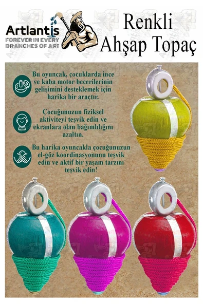 Ahşap Topaç 4 Adet Renkli Kaliteli Ahşap Topaç İpli Dönene Zilli Ağaç Topaç Nostaljik Oyuncak Geleneksel Okul Öncesi - 3