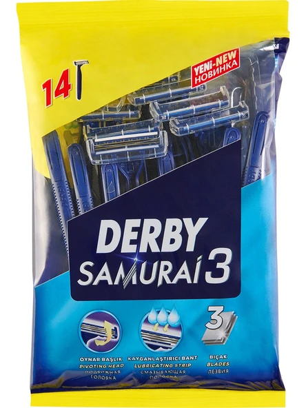 Derby Samurai 3 Tıraş Bıçağı - Krom Seramik Platin Kaplama, Oynar Başlıklı, E Vitamini İçeren, Erkekler İçin 14'lü Paket
