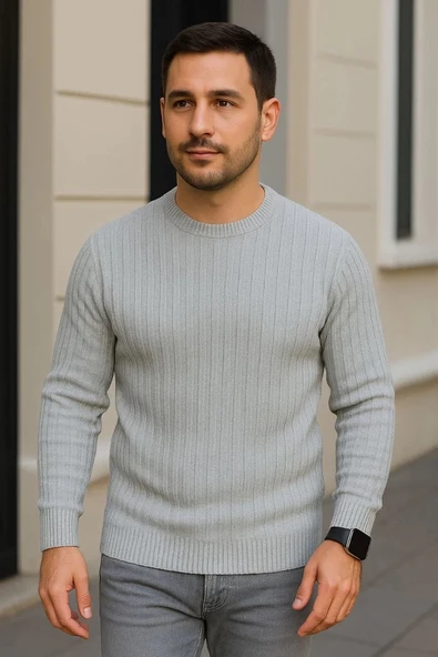 Erkek Fitilli Triko Kazak 2’li Set – Siyah & Gri, Kalın Dokuma Pamuklu Regular Fit Bisiklet Yaka Uzun Kollu Rahat Kışlık - Resim 3