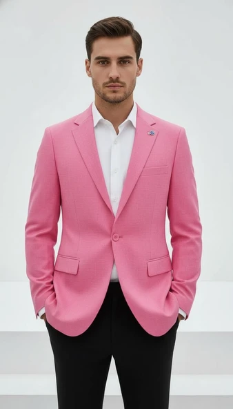Plus Scorpion Açık Pembe Erkek Slim Fit Tek Düğmeli Blazer Ceket – Astarlı, Şık ve Modern Kesim - Resim 3