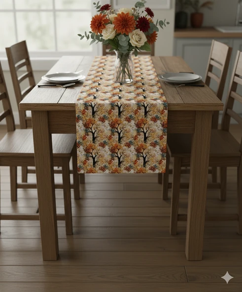 Sonbahar Ağaçları Desenli Dijital Baskılı Runner 140 cm x 45 cm - Resim 4