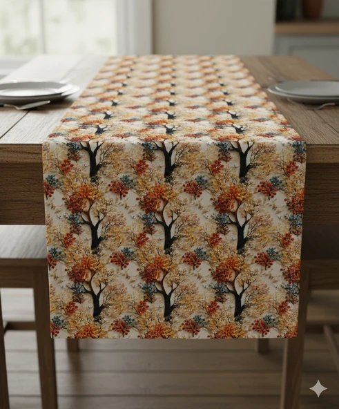 Sonbahar Ağaçları Desenli Dijital Baskılı Runner 140 cm x 45 cm - Resim 2