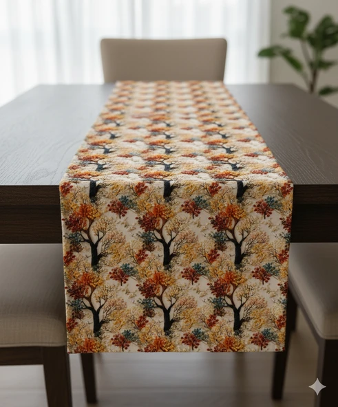 Sonbahar Ağaçları Desenli Dijital Baskılı Runner 140 cm x 45 cm ürün görseli