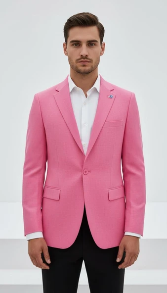 Plus Scorpion Açık Pembe Erkek Slim Fit Tek Düğmeli Blazer Ceket – Astarlı, Şık ve Modern Kesim - Resim 5