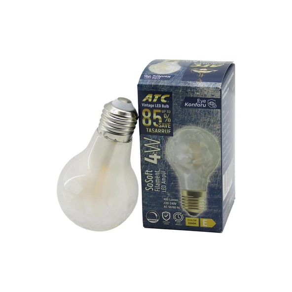 ATC-A60-SS VİNTAGE SOSOFT FİLAMENT 4W LED AMPUL LAMBA E27 KIRILMAZ PLASTİK CAM 400 LÜMEN 2200K 25.000 SAAT (5314)
