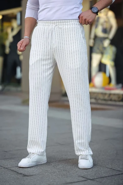 Erkek Cizgili Dokuma Krep Jogger Buggy Pantalon Rahat kalıp - Beyaz - Resim 3