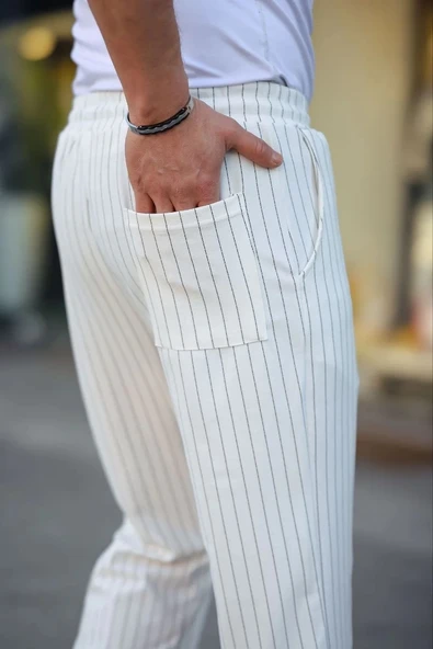 Erkek Cizgili Dokuma Krep Jogger Buggy Pantalon Rahat kalıp - Beyaz ürün görseli 1