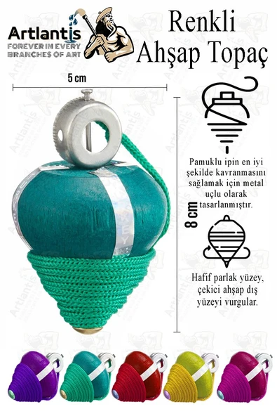 Ahşap Topaç 4 Adet Renkli Kaliteli Ahşap Topaç İpli Dönene Zilli Ağaç Topaç Nostaljik Oyuncak Geleneksel Okul Öncesi - 2