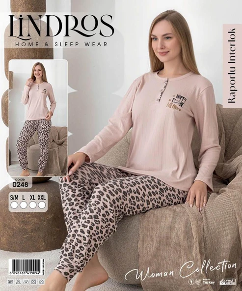 Lindros Kadın Pamuk'lu Düğme Yaka Raporlu İnterlok KIŞLIK Pijama Takımı 0248 - 1 Adet   XL Bej - Resim 2