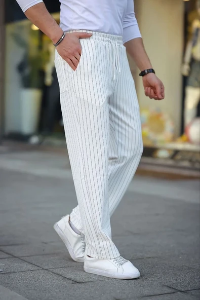 Erkek Cizgili Dokuma Krep Jogger Buggy Pantalon Rahat kalıp - Beyaz - Resim 2