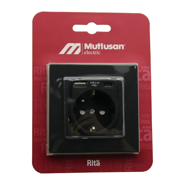 MUTLUSAN RİTA-2220 629 0284 BLİSTERLİ - KARTLI SİYAH - USB + TYPE-C ' Lİ TOPRAKLI PRİZ ÇERÇEVELİ (5314)