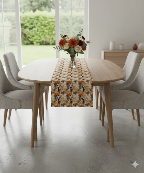 Sonbahar Ağaçları Desenli Dijital Baskılı Runner 140 cm x 45 cm - Resim 5