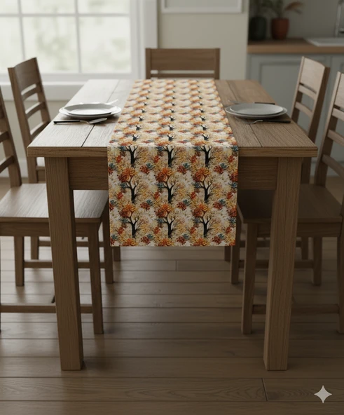 Sonbahar Ağaçları Desenli Dijital Baskılı Runner 140 cm x 45 cm - Resim 3