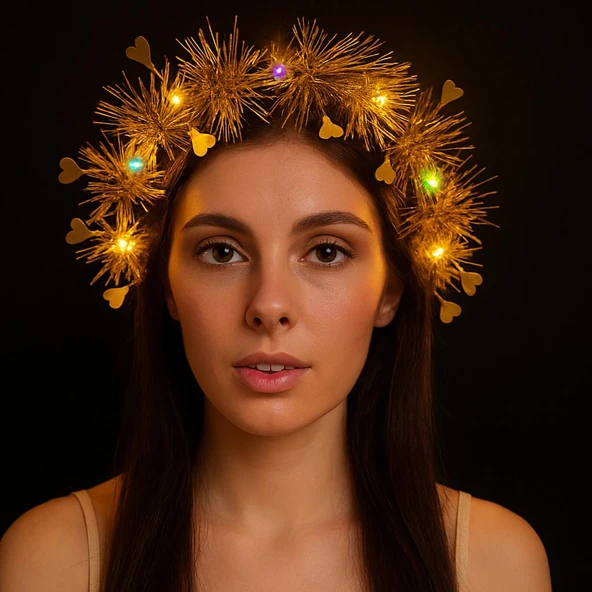 Kalp Püsküllü Gece Parıltısı 3 Modlu LED'li Işıklı Taç Altın Renk (5314)
