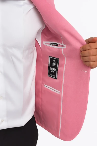 Plus Scorpion Açık Pembe Erkek Slim Fit Tek Düğmeli Blazer Ceket – Astarlı, Şık ve Modern Kesim - Resim 7