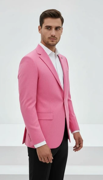 Plus Scorpion Açık Pembe Erkek Slim Fit Tek Düğmeli Blazer Ceket – Astarlı, Şık ve Modern Kesim - Resim 4
