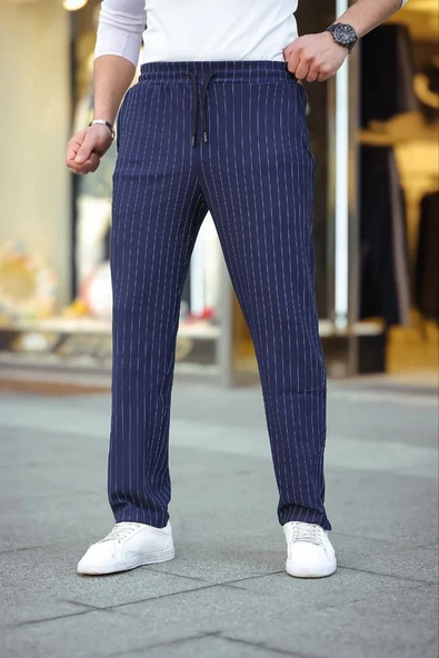 Erkek Cizgili Dokuma Krep Jogger Buggy Pantalon Rahat kalıp - Lacivert ürün görseli 1