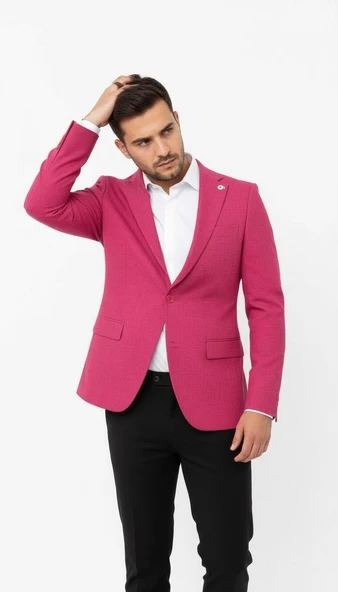Plus Scorpion Fuşya Erkek Slim Fit Tek Düğmeli Blazer Ceket – Astarlı, Şık ve Modern Kesim - Resim 3