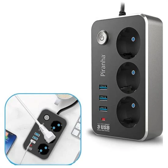 Isıya Dayanıklı Termal Akım Korumalı 2 Mt 10A 2500W 3lü Priz ve 3 Usbi 2.1A Uzatma Kablosu (5314) - 3