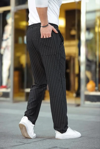 Erkek Cizgili Dokuma Krep Jogger Buggy Pantalon Rahat kalıp - Siyah - Resim 2