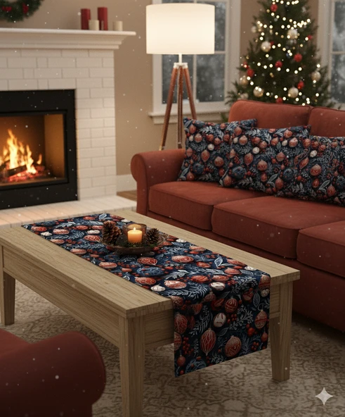 Yılbaşı Lacivert Küreler Desenli Dijital Baskılı Runner 140 cm x 45 cm - Resim 7