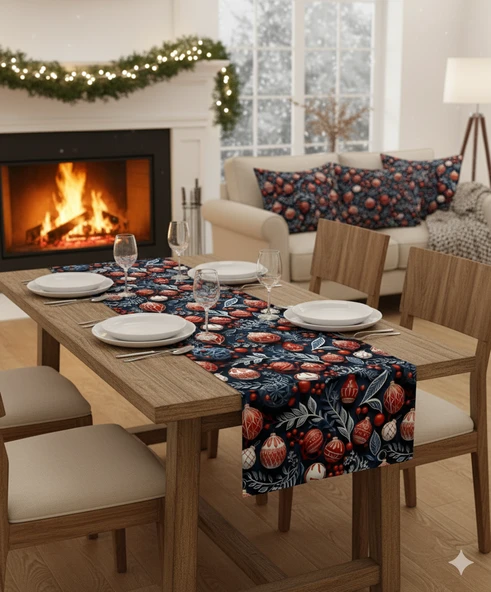 Yılbaşı Lacivert Küreler Desenli Dijital Baskılı Runner 140 cm x 45 cm - Resim 5