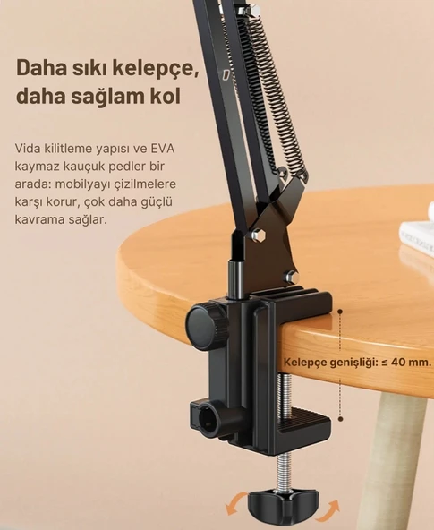 ShopyTech Metal 360° Uzun Kol Tablet/Telefon Standı Kelepçeli Masa/Yatak Başlığı Tutucu 6¨-12.9¨Uyumlu - Resim 10