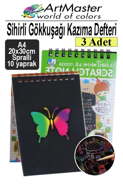 Gökkuşağı Kazıma Defteri Sihirli A4 20x30 cm 3 Paket 10 Sayfa Spiralli Scratch Note Spralli Siyah Sihirli Resim Defteri