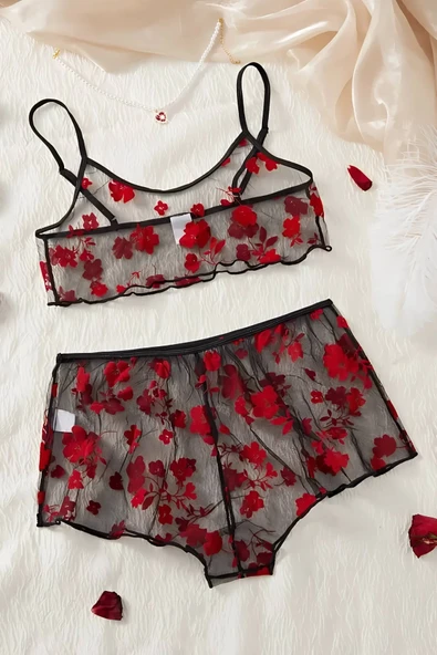 Çiçek Desenli Siyah Transparan Şortlu Gecelik TM1377 ürün görseli 1