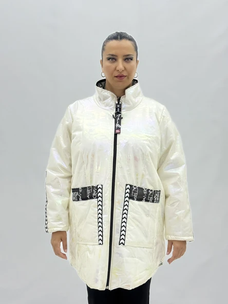 Büyük Beden Cepli Yanardöner Kumaşlı Kapitone Oversize Kadın Mont ürün görseli