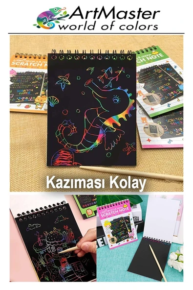 Gökkuşağı Kazıma Defteri Sihirli A6 10x15 cm 3 Paket 10 Sayfa Spiralli Scratch Note Spralli Siyah Sihirli Resim Defteri - 3